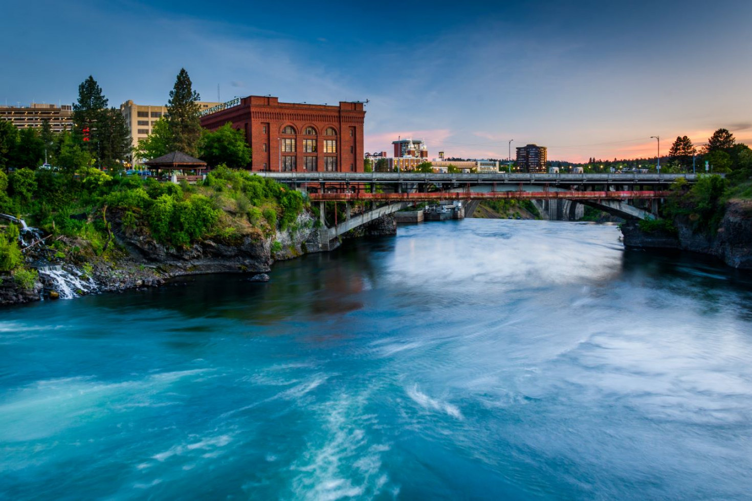 The Spokane River at sunset in Spokane, Washington