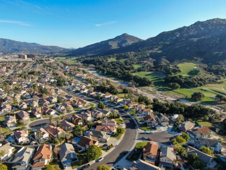 An aerial view of a suburb in California