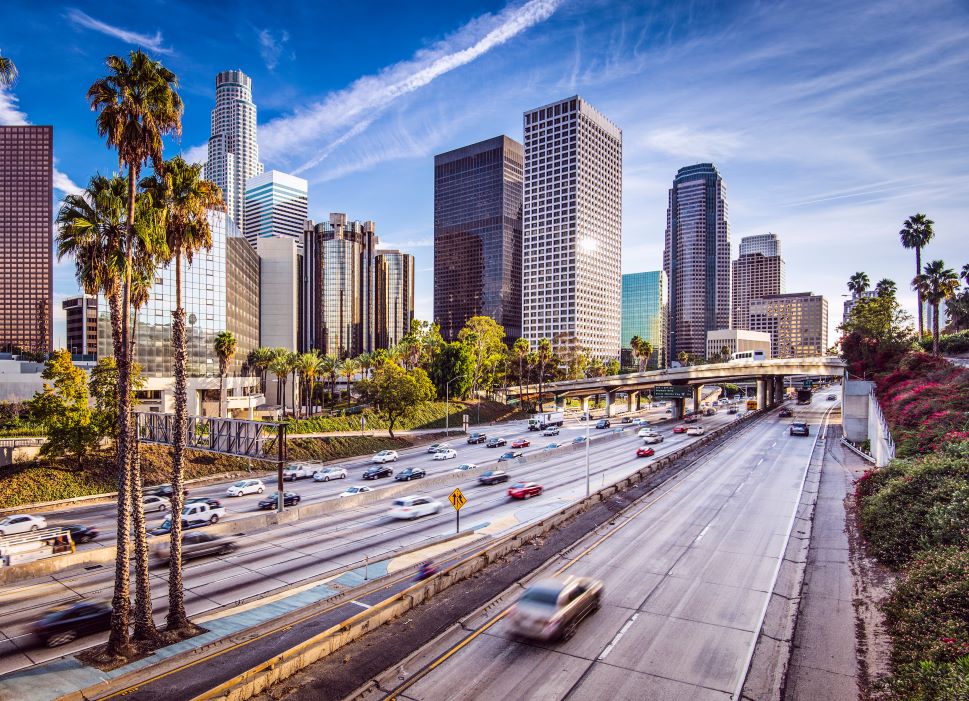 Freeway outside of Los Angeles, California with cars driving by quickly